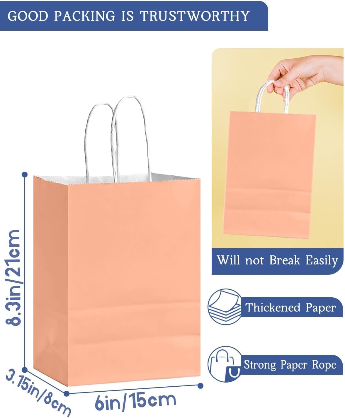 24Pcs Paper Gift Bag with Handles Bulk Peach Pink Paper Bags Multiple Uses (8.3"x6"x3.15", Small Size)