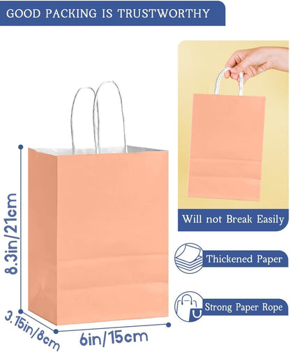 24Pcs Paper Gift Bag with Handles Bulk Peach Pink Paper Bags Multiple Uses (8.3"x6"x3.15", Small Size)