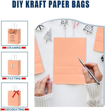 24Pcs Paper Gift Bag with Handles Bulk Peach Pink Paper Bags Multiple Uses (8.3"x6"x3.15", Small Size)