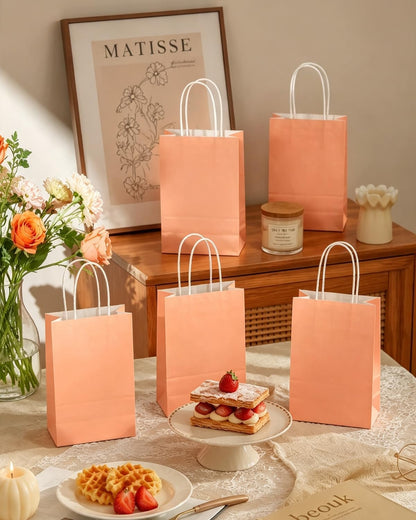 24Pcs Paper Gift Bag with Handles Bulk Peach Pink Paper Bags Multiple Uses (8.3"x6"x3.15", Small Size)