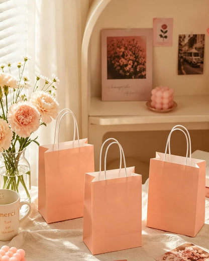 24Pcs Paper Gift Bag with Handles Bulk Peach Pink Paper Bags Multiple Uses (8.3"x6"x3.15", Small Size)