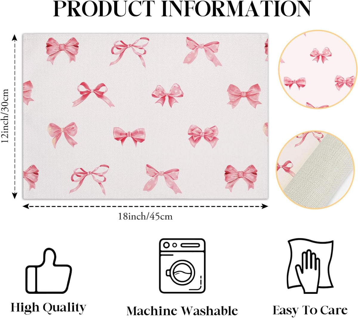 Pink Bow Placemats Set of 4, 12x18 Inch Waterproof Washable Heat Resistant Place Mats, Table Placemats for Dining Restaurant Farmhouse Decoration, Bridal Shower Wedding Party Table Decor -rc13