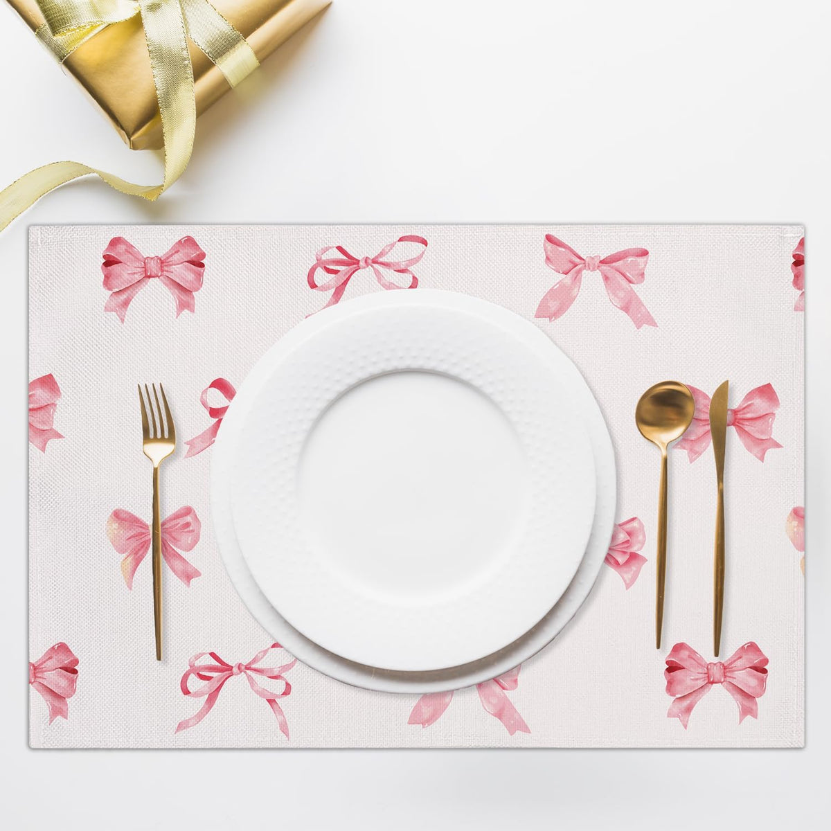 Pink Bow Placemats Set of 4, 12x18 Inch Waterproof Washable Heat Resistant Place Mats, Table Placemats for Dining Restaurant Farmhouse Decoration, Bridal Shower Wedding Party Table Decor -rc13