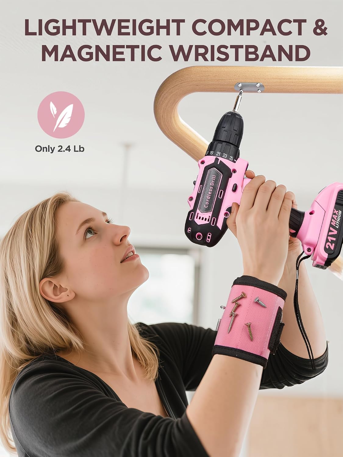 Pink Cordless Drill Set 215 Pcs, 21V Pink Power Drill Tool Set Kit with Storage Bag, Electric Drill Set for Women, Precision Screwdriver set, Magnetic Tool Belt, ToolBox for DIY Projects