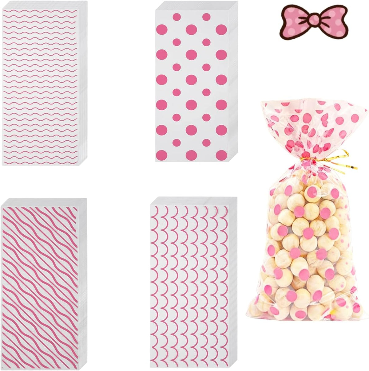 200Pcs Cellophane Treat Bags,10.8 x 4.9Inch Plastic Candy Bags,Cellophane Bags,Goodie Candy with 220Pcs Twist Ties for Valentine, Birthday, Gift Cookie Snack Packing Party Favor Supplies (Pink)