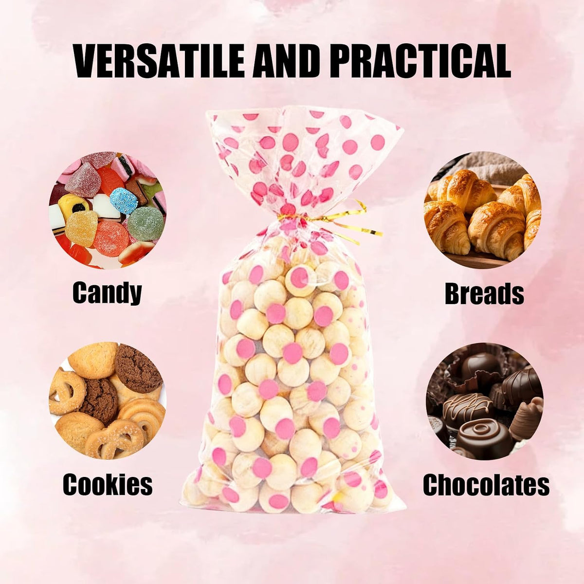 200Pcs Cellophane Treat Bags,10.8 x 4.9Inch Plastic Candy Bags,Cellophane Bags,Goodie Candy with 220Pcs Twist Ties for Valentine, Birthday, Gift Cookie Snack Packing Party Favor Supplies (Pink)