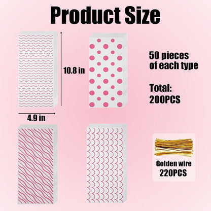 200Pcs Cellophane Treat Bags,10.8 x 4.9Inch Plastic Candy Bags,Cellophane Bags,Goodie Candy with 220Pcs Twist Ties for Valentine, Birthday, Gift Cookie Snack Packing Party Favor Supplies (Pink)