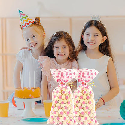 200Pcs Cellophane Treat Bags,10.8 x 4.9Inch Plastic Candy Bags,Cellophane Bags,Goodie Candy with 220Pcs Twist Ties for Valentine, Birthday, Gift Cookie Snack Packing Party Favor Supplies (Pink)