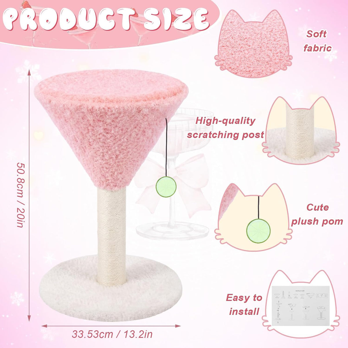 Pink Martini Cat Scratching Post 19.7" H with Dangling Ball
