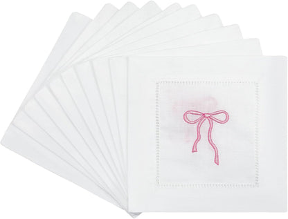 LemonRoad Embroidered White Linen Cocktail Napkin 6x6 inch Pink Bow Napkin Gift for Women Set of 12 Cloth Cocktail Washable Linen Hemstitch for Wedding,Birthday Bachelorette Pink Bow Themed Party