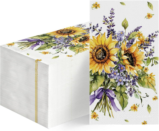 Horaldaily 100 Spring Disposable Paper Decorative Guest Napkins, Sunflower lavender Purple Flower Hand Towel for Party Lunch Dinner Kitchen Bathroom