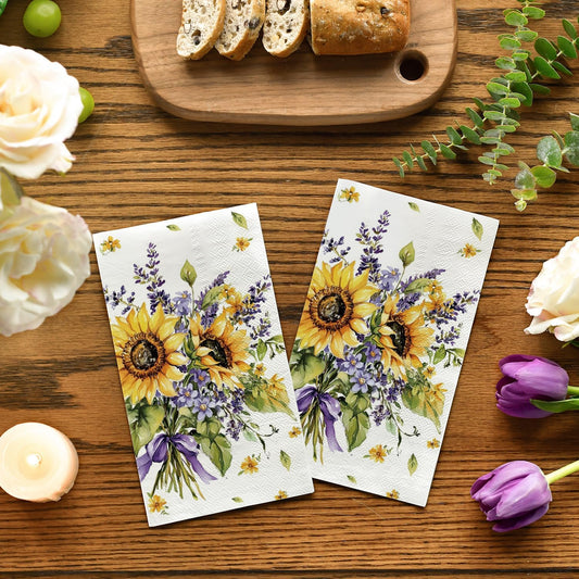 Horaldaily 100 Spring Disposable Paper Decorative Guest Napkins, Sunflower lavender Purple Flower Hand Towel for Party Lunch Dinner Kitchen Bathroom