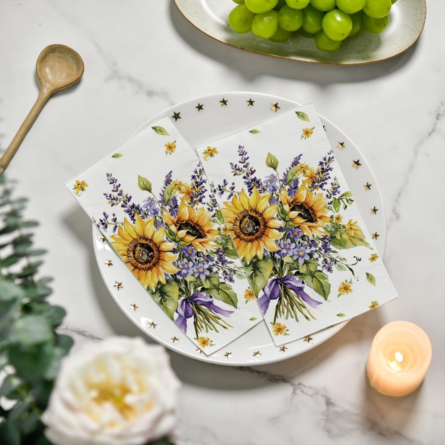 Horaldaily 100 Spring Disposable Paper Decorative Guest Napkins, Sunflower lavender Purple Flower Hand Towel for Party Lunch Dinner Kitchen Bathroom