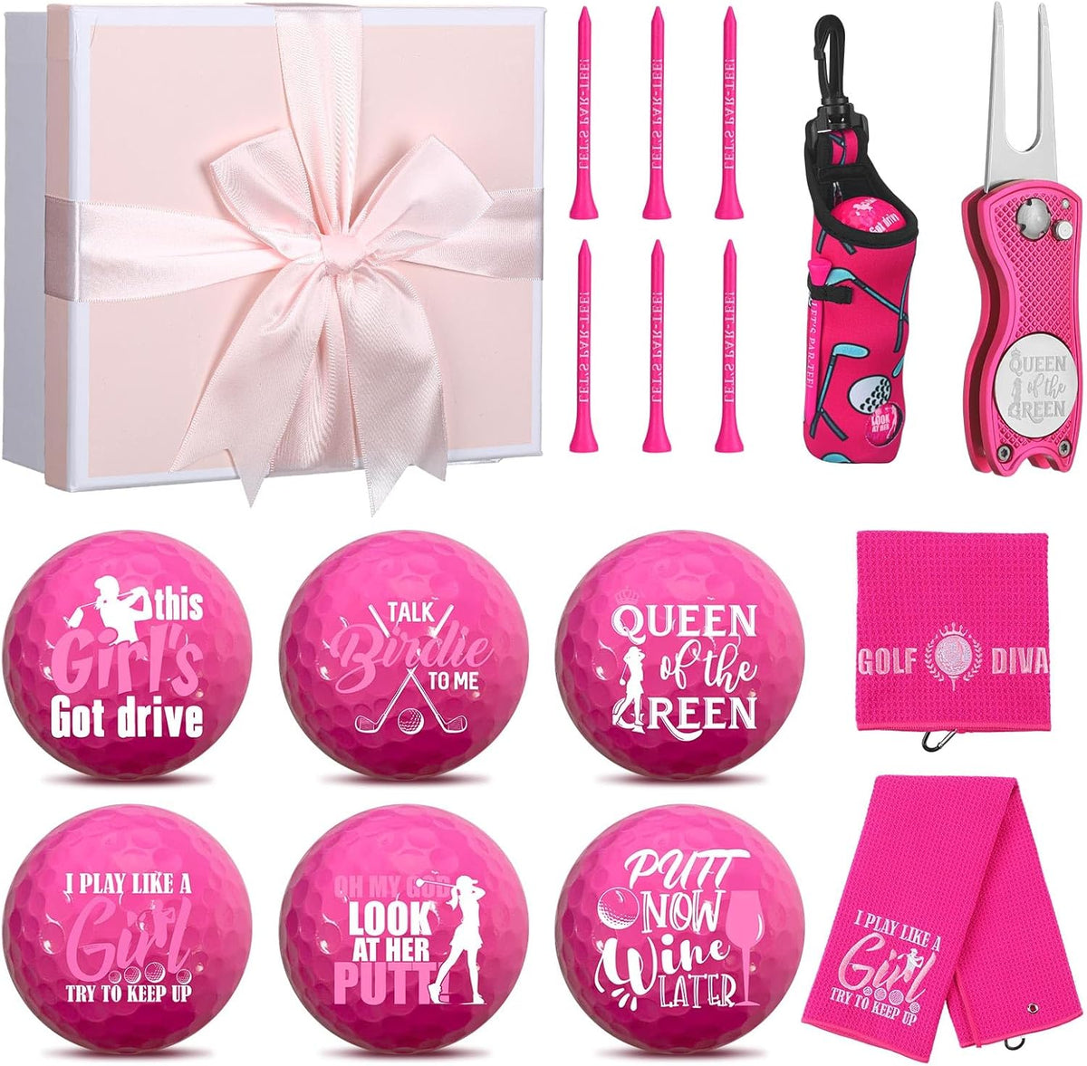 18 Pcs Pink Golf Accessories Kit for Women with Balls Tees