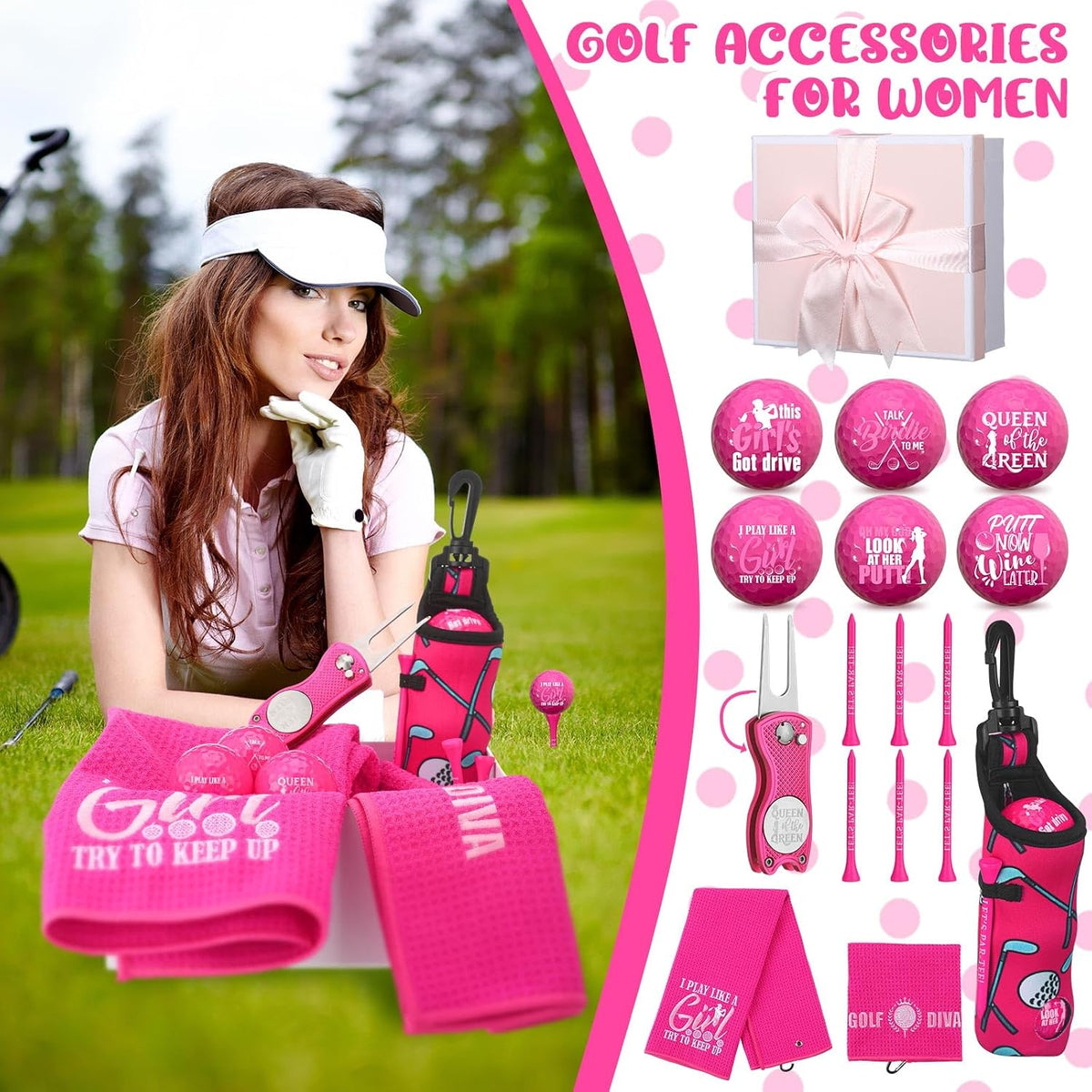 18 Pcs Pink Golf Accessories Kit for Women with Balls Tees