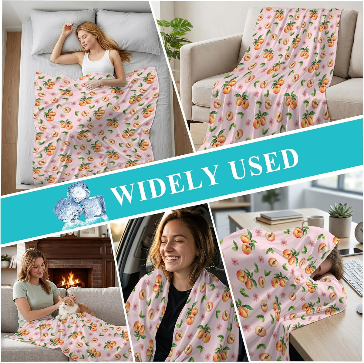 40"x60" Lap Cooling Blanket Pink Peaches Ice Silk Lightweight Breathable Soft Summer Blanket for Hot Sleepers Couch Bed Sofa Camping Flowers Summer Fruit