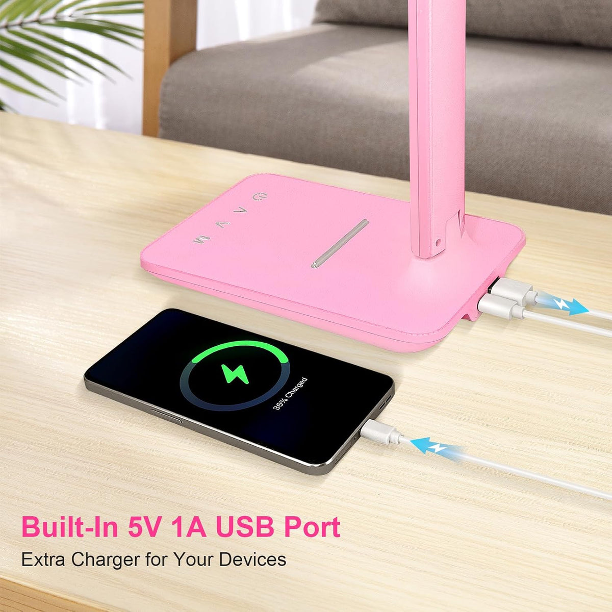 LED Desk Lamp for Office Home, Bright Desk Light with USB Charging Port, Adjustable Dimmable Desk Lamps 5 Modes 5 Brightness, Touch Study Lamp for Nail, Craft, Puzzle, Sewing, Study, Pink