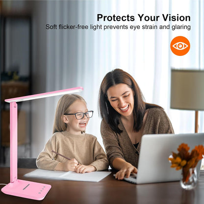 LED Desk Lamp for Office Home, Bright Desk Light with USB Charging Port, Adjustable Dimmable Desk Lamps 5 Modes 5 Brightness, Touch Study Lamp for Nail, Craft, Puzzle, Sewing, Study, Pink