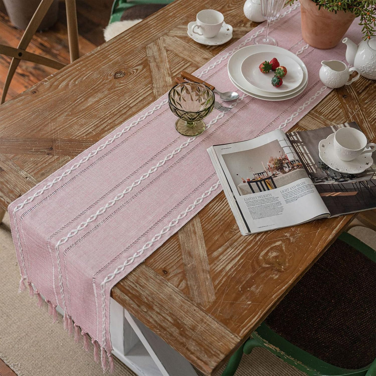 Table Runners 90 Inches Long with Tassels - Gifts for Her, Pink Boho Embroidered Table Runner Farmhouse Rustic Linen Runners for Wedding Party Baby Shower Home Decor (Pink, 12"×90")