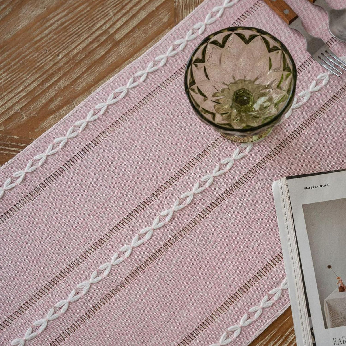 Table Runners 90 Inches Long with Tassels - Gifts for Her, Pink Boho Embroidered Table Runner Farmhouse Rustic Linen Runners for Wedding Party Baby Shower Home Decor (Pink, 12"×90")