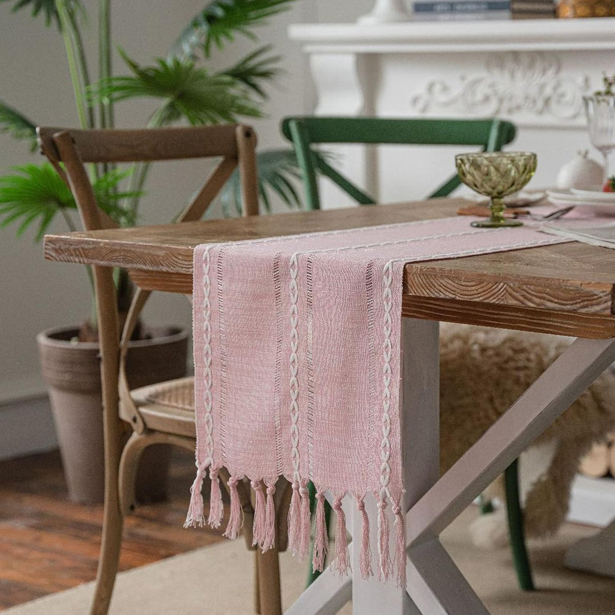Table Runners 90 Inches Long with Tassels - Gifts for Her, Pink Boho Embroidered Table Runner Farmhouse Rustic Linen Runners for Wedding Party Baby Shower Home Decor (Pink, 12"×90")