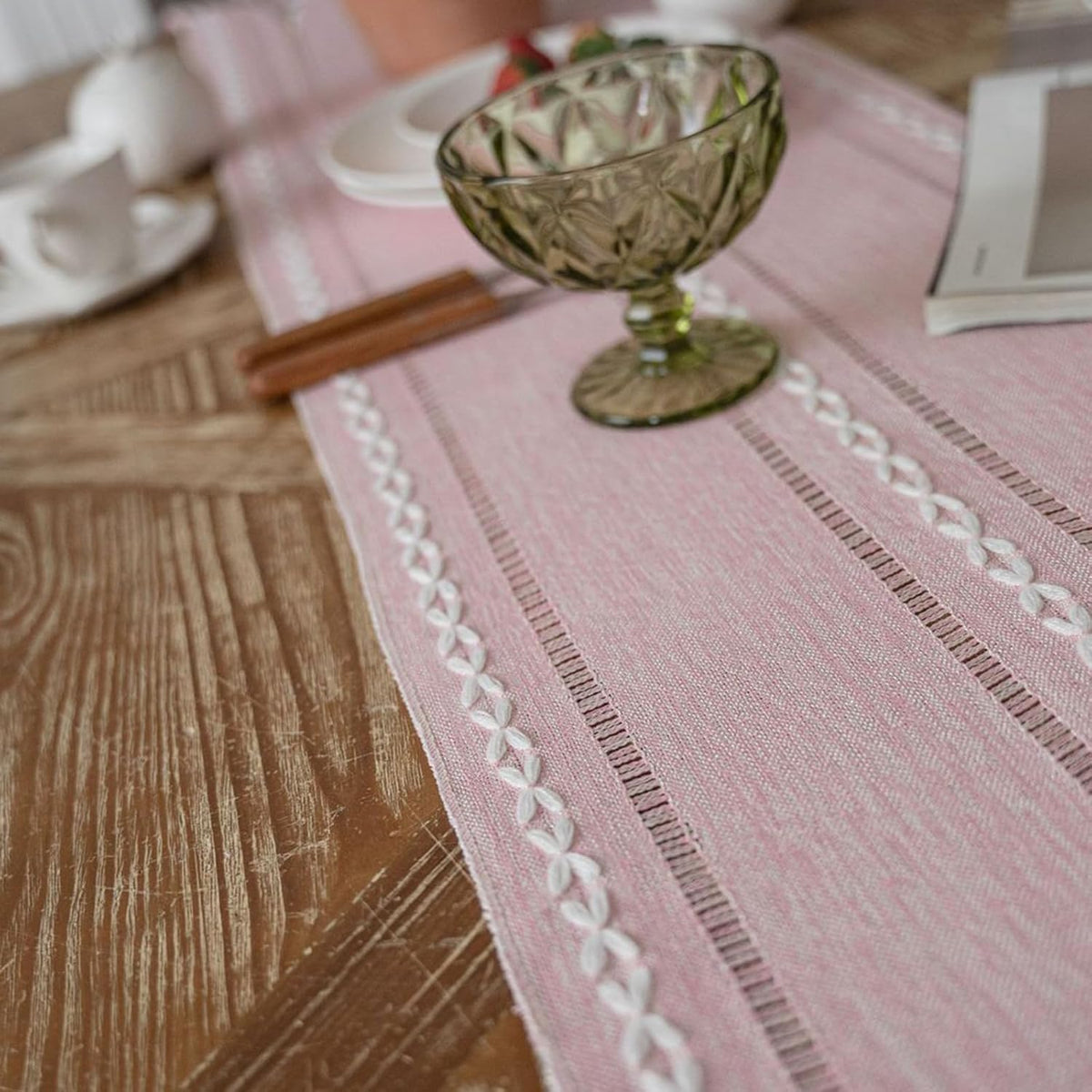 Table Runners 90 Inches Long with Tassels - Gifts for Her, Pink Boho Embroidered Table Runner Farmhouse Rustic Linen Runners for Wedding Party Baby Shower Home Decor (Pink, 12"×90")