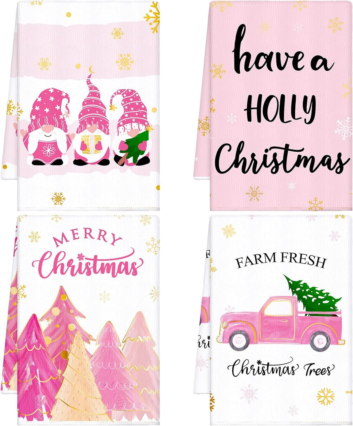 4 Pcs Pink Christmas Kitchen Towels 16 x 24 Inch Merry Christmas Hand Towels Tree Gnome Truck Dish Cloths Absorbent Xmas Tea Dishcloths for Home Bathroom Xmas Kitchen Decor
