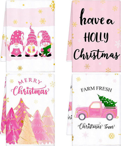 4 Pcs Pink Christmas Kitchen Towels 16 x 24 Inch Merry Christmas Hand Towels Tree Gnome Truck Dish Cloths Absorbent Xmas Tea Dishcloths for Home Bathroom Xmas Kitchen Decor