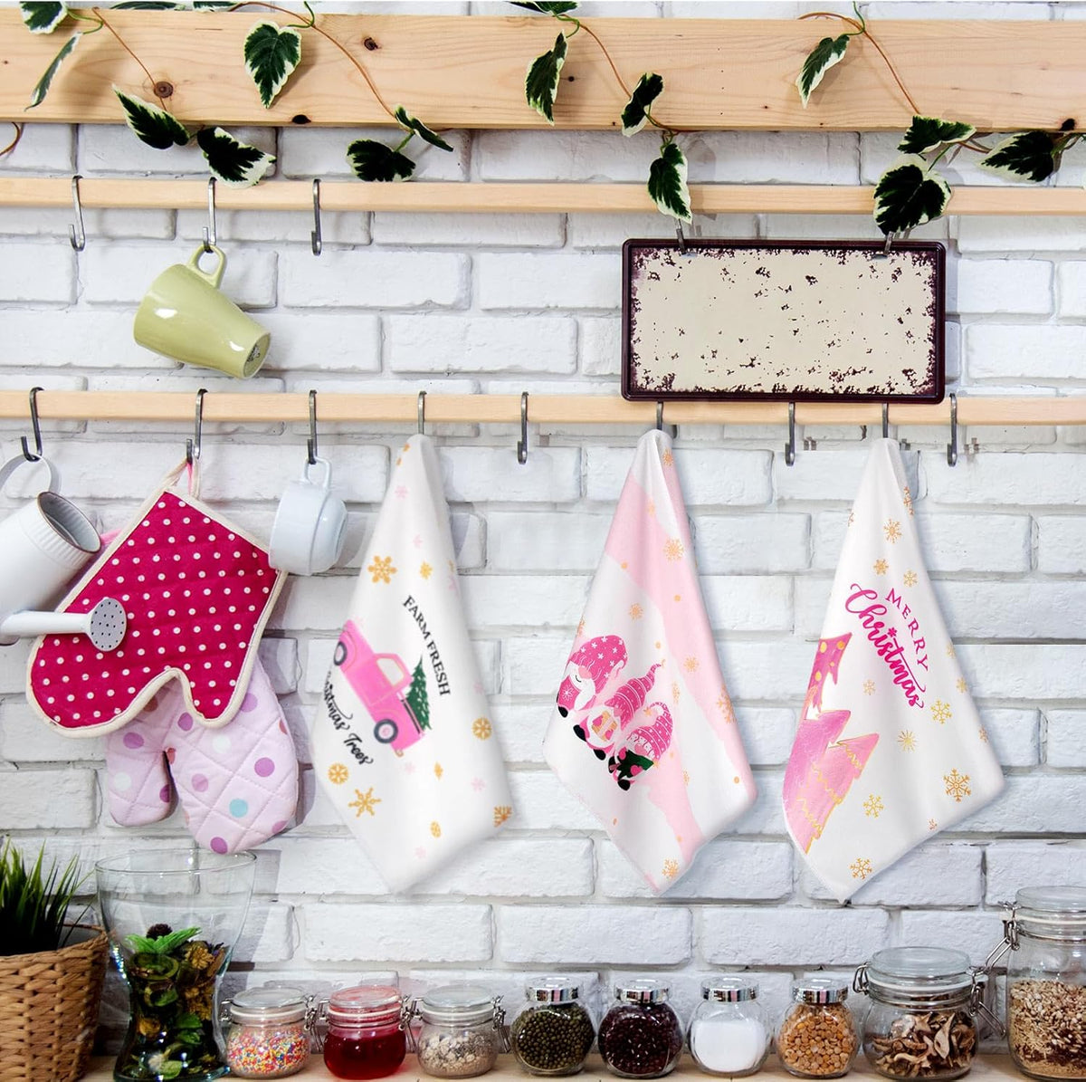 4 Pcs Pink Christmas Kitchen Towels 16 x 24 Inch Merry Christmas Hand Towels Tree Gnome Truck Dish Cloths Absorbent Xmas Tea Dishcloths for Home Bathroom Xmas Kitchen Decor