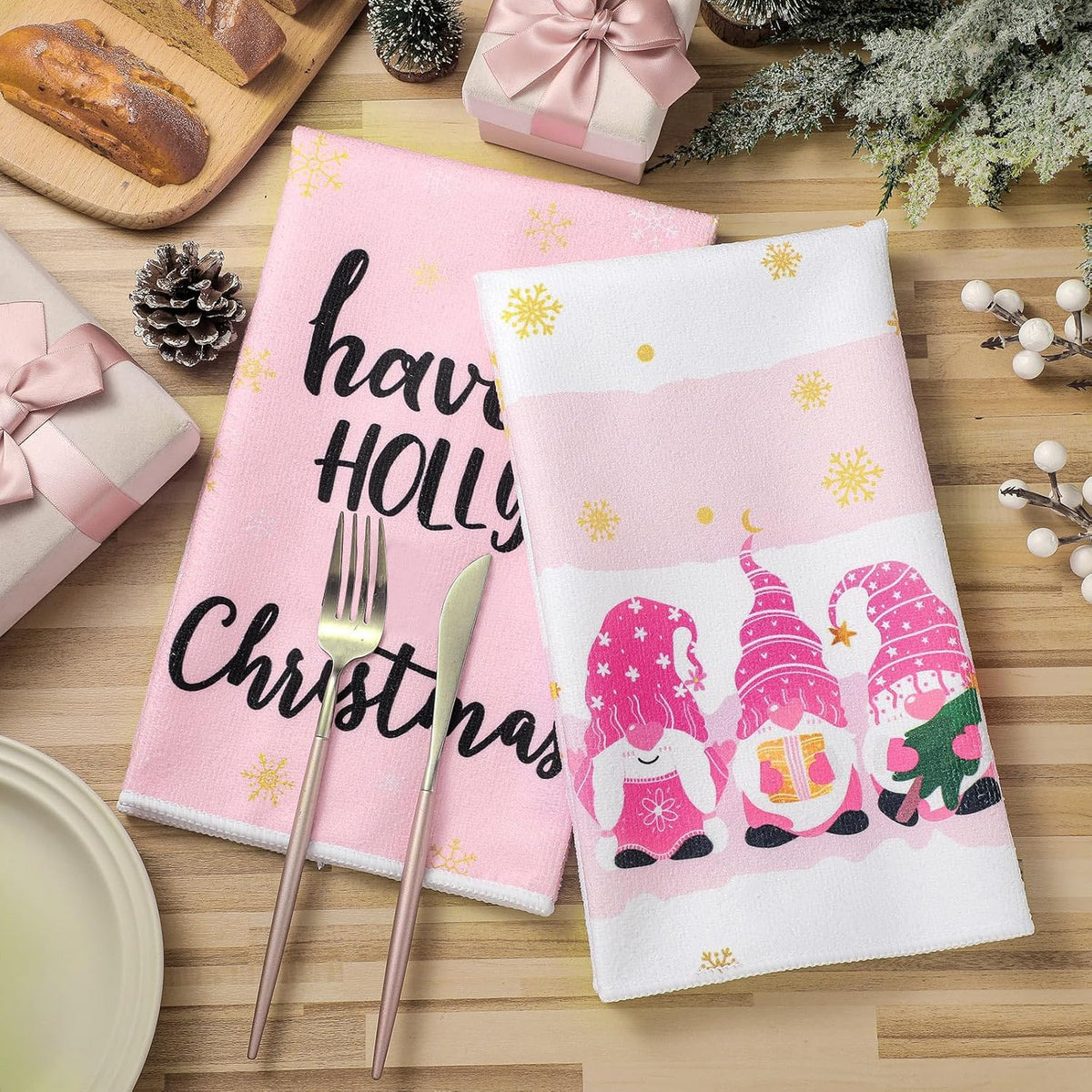 4 Pcs Pink Christmas Kitchen Towels 16 x 24 Inch Merry Christmas Hand Towels Tree Gnome Truck Dish Cloths Absorbent Xmas Tea Dishcloths for Home Bathroom Xmas Kitchen Decor