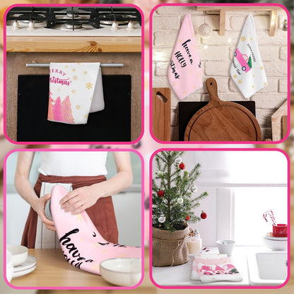 4 Pcs Pink Christmas Kitchen Towels 16 x 24 Inch Merry Christmas Hand Towels Tree Gnome Truck Dish Cloths Absorbent Xmas Tea Dishcloths for Home Bathroom Xmas Kitchen Decor