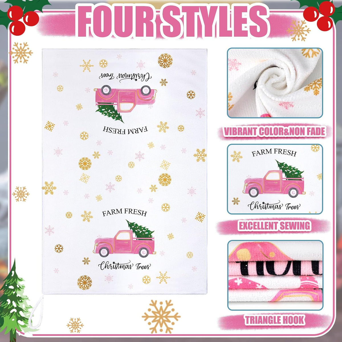 4 Pcs Pink Christmas Kitchen Towels 16 x 24 Inch Merry Christmas Hand Towels Tree Gnome Truck Dish Cloths Absorbent Xmas Tea Dishcloths for Home Bathroom Xmas Kitchen Decor