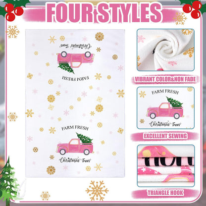 4 Pcs Pink Christmas Kitchen Towels 16 x 24 Inch Merry Christmas Hand Towels Tree Gnome Truck Dish Cloths Absorbent Xmas Tea Dishcloths for Home Bathroom Xmas Kitchen Decor