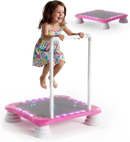 3-in-1 Mini Trampoline for Kids with Music & Lights, Indoor Outdoor Bounce Board, Removable Safety Handle, Sensory Balance Trainer, Non-Slip Base, Ages 3-12