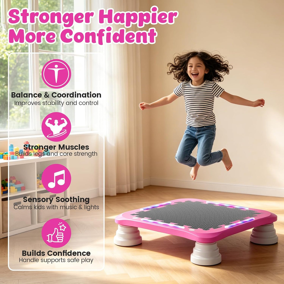 3-in-1 Mini Trampoline for Kids with Music & Lights, Indoor Outdoor Bounce Board, Removable Safety Handle, Sensory Balance Trainer, Non-Slip Base, Ages 3-12