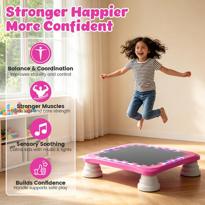 3-in-1 Mini Trampoline for Kids with Music & Lights, Indoor Outdoor Bounce Board, Removable Safety Handle, Sensory Balance Trainer, Non-Slip Base, Ages 3-12