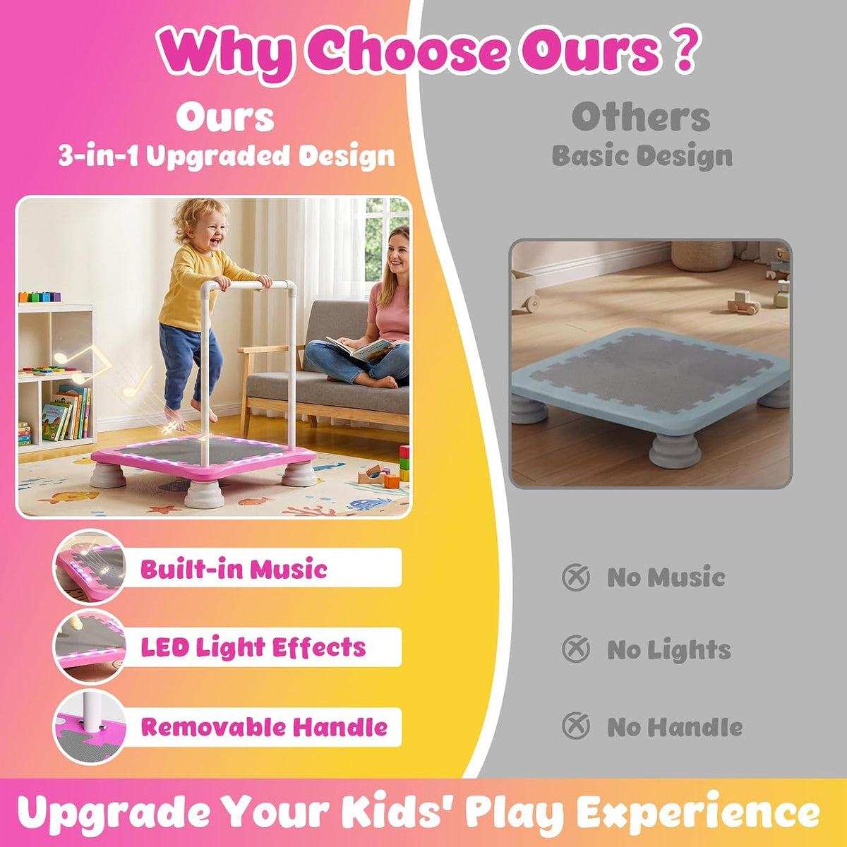 3-in-1 Mini Trampoline for Kids with Music & Lights, Indoor Outdoor Bounce Board, Removable Safety Handle, Sensory Balance Trainer, Non-Slip Base, Ages 3-12