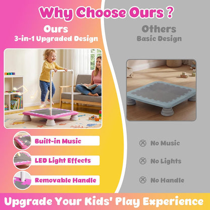 3-in-1 Mini Trampoline for Kids with Music & Lights, Indoor Outdoor Bounce Board, Removable Safety Handle, Sensory Balance Trainer, Non-Slip Base, Ages 3-12