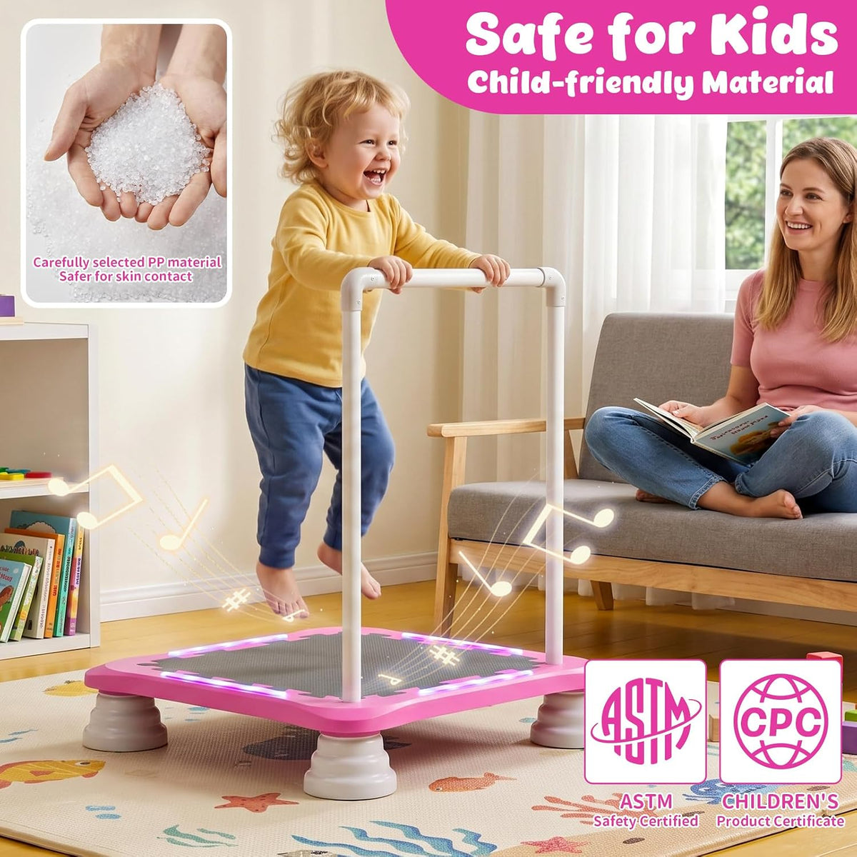 3-in-1 Mini Trampoline for Kids with Music & Lights, Indoor Outdoor Bounce Board, Removable Safety Handle, Sensory Balance Trainer, Non-Slip Base, Ages 3-12