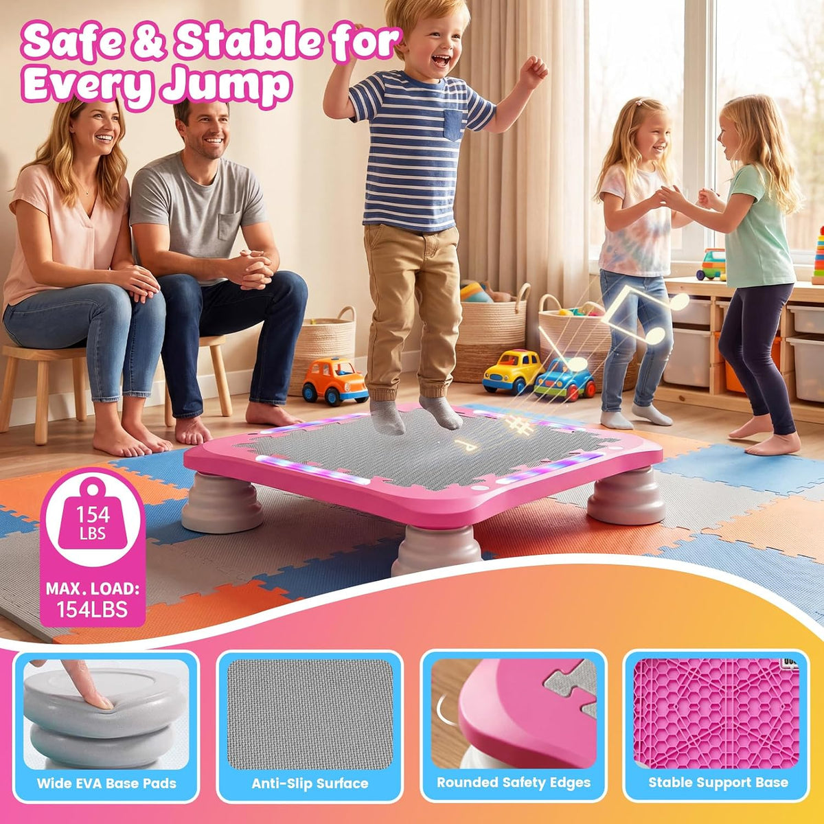 3-in-1 Mini Trampoline for Kids with Music & Lights, Indoor Outdoor Bounce Board, Removable Safety Handle, Sensory Balance Trainer, Non-Slip Base, Ages 3-12