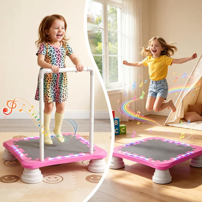 3-in-1 Mini Trampoline for Kids with Music & Lights, Indoor Outdoor Bounce Board, Removable Safety Handle, Sensory Balance Trainer, Non-Slip Base, Ages 3-12