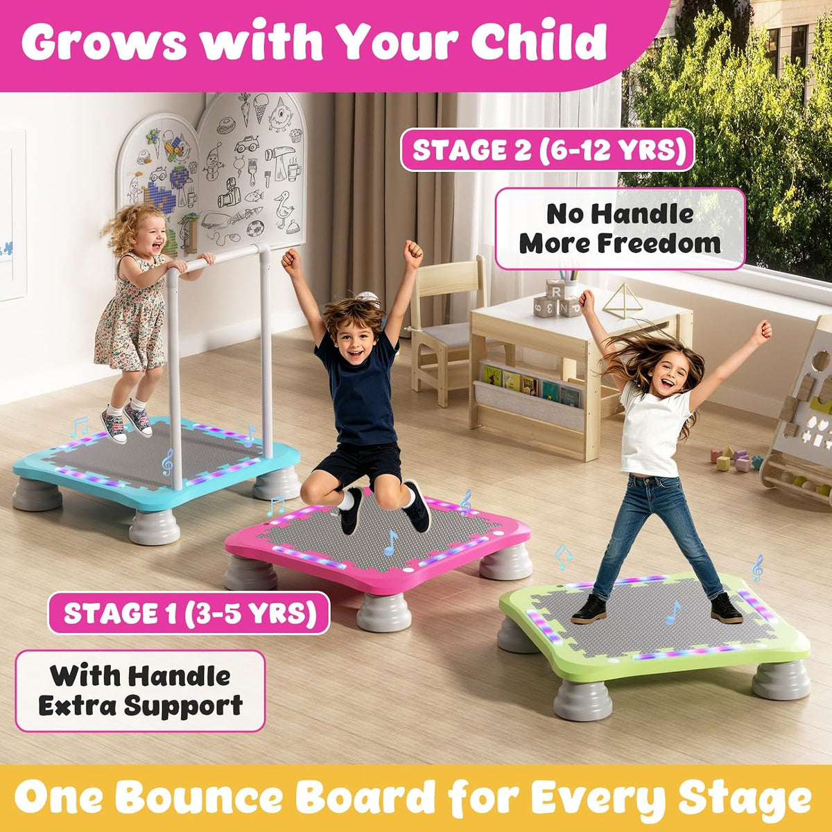 3-in-1 Mini Trampoline for Kids with Music & Lights, Indoor Outdoor Bounce Board, Removable Safety Handle, Sensory Balance Trainer, Non-Slip Base, Ages 3-12