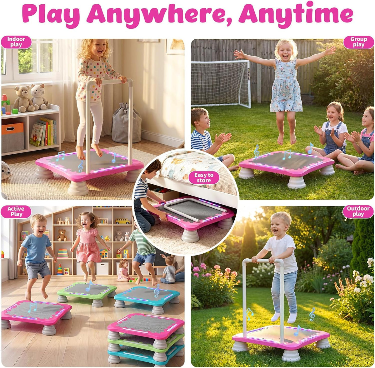 3-in-1 Mini Trampoline for Kids with Music & Lights, Indoor Outdoor Bounce Board, Removable Safety Handle, Sensory Balance Trainer, Non-Slip Base, Ages 3-12