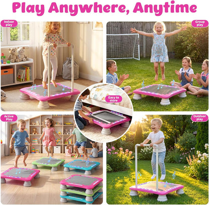 3-in-1 Mini Trampoline for Kids with Music & Lights, Indoor Outdoor Bounce Board, Removable Safety Handle, Sensory Balance Trainer, Non-Slip Base, Ages 3-12