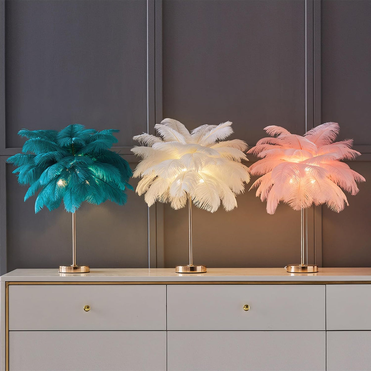 White Ostrich Feather Lamp,3-Color Temperatures Table Lamps for Girls Bedroom Funky Unique Cute Bed Side Nightstand Gold Desk Light (Light Pink)