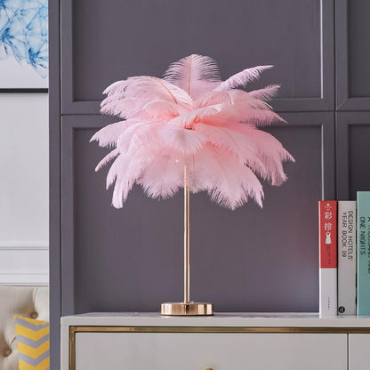 White Ostrich Feather Lamp,3-Color Temperatures Table Lamps for Girls Bedroom Funky Unique Cute Bed Side Nightstand Gold Desk Light (Light Pink)