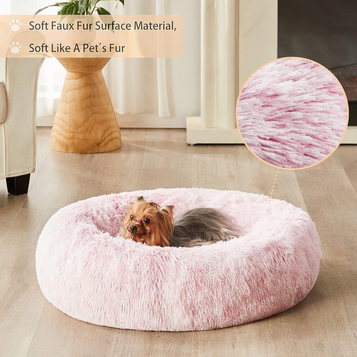 Small Pink Round Calming Dog Bed Cat Bed for Comfy Sleep