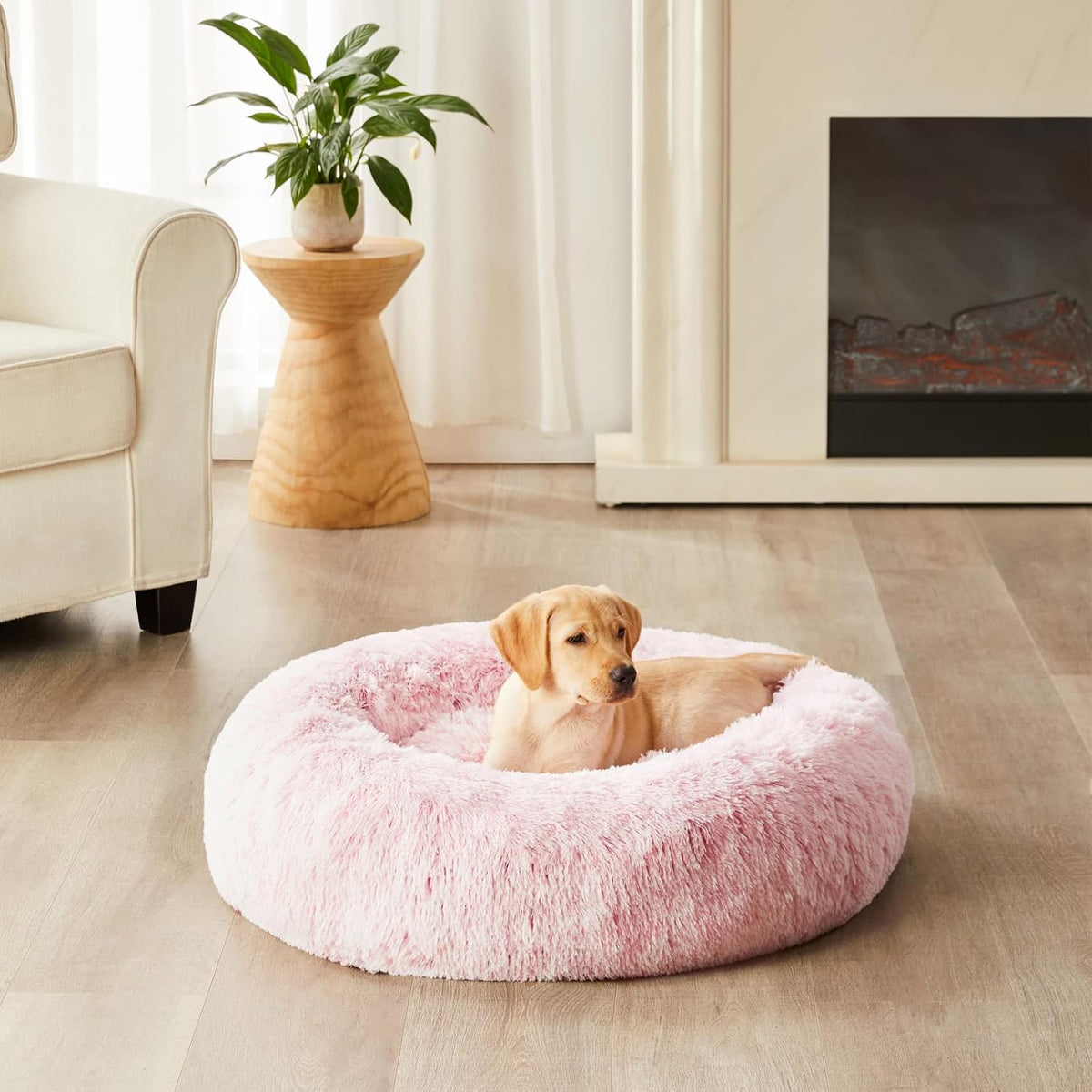 Small Pink Round Calming Dog Bed Cat Bed for Comfy Sleep
