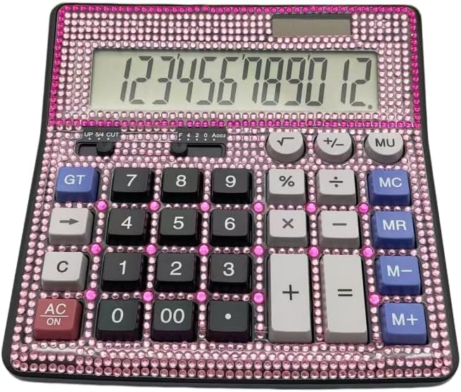 Bling Crystal Desktop Calculator with Extra Large LCD Display, 12-Digit Two Way Power Solar & Battery Office Calculator with Big Buttons and Rhinestones -Pink