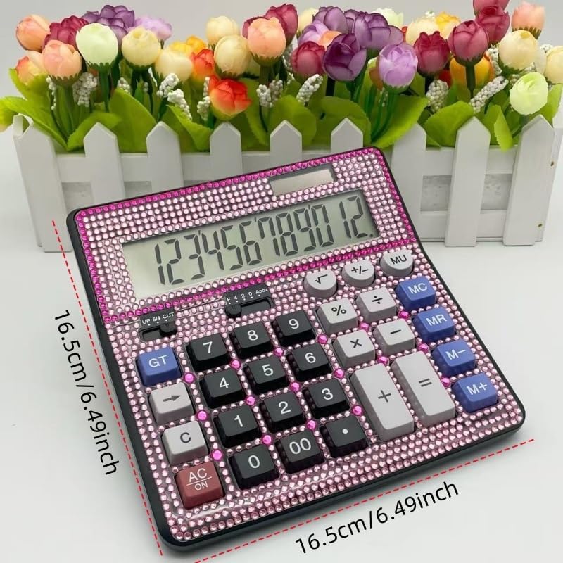 Bling Crystal Desktop Calculator with Extra Large LCD Display, 12-Digit Two Way Power Solar & Battery Office Calculator with Big Buttons and Rhinestones -Pink